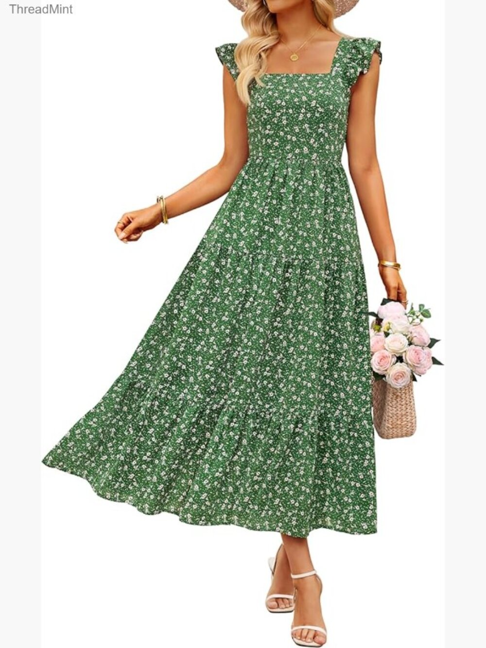 Boho Floral Midi Dress Ruffle Cap Sleeve Tiered Pockets Casual Wedding Guest